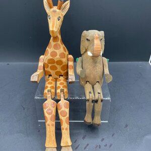 Set of 2 Wooden Shelf Sitters Handpainted Animals Giraffe Elephant Safari